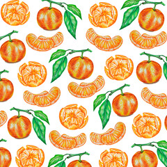 Watercolor pattern of tangerines on a branch with leaves. Idea for design, textiles, covers, prints and more. Watercolor. Illustration. Hand drawn.
