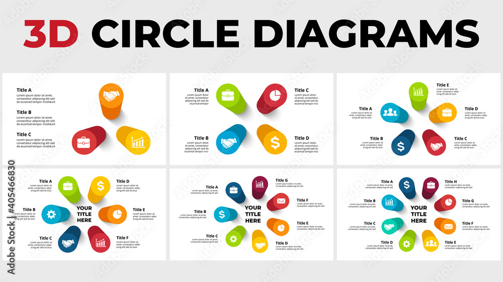 Wall mural 3d vector perspective infographics pack. round diagrams. presentation slide template. circle columns