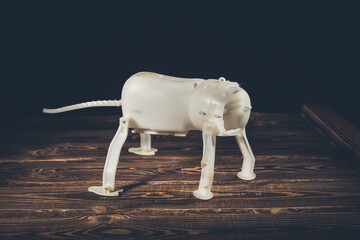 Plastic frame of a robot dog on a wooden background. A studio photo with hard lighting.