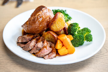 Classic Sunday Roast Dinner With Mixed Vegetables 