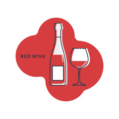 Bottle and glass red wine line art in flat style. Restaurant alcoholic illustration for celebration design. Design contour element. Beverage outline icon. Isolated on shape background in graphic style