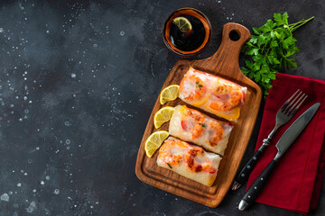  Spring rolls with funchose and shrimps in rice paper top view, photo with copyspace for text