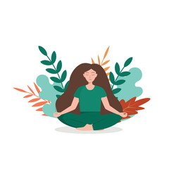 Girl sitting in a lotus position in nature. Keeps calm and even breathing. Vector illustration