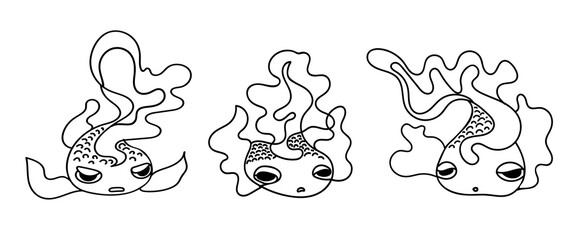 Set of cute vector small doodle fish with wavy fins drawn by hand in black outline. Vector illustration.