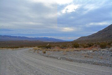 road trip over loose gravel on the Big Pine road in the Death Valley National Park in December