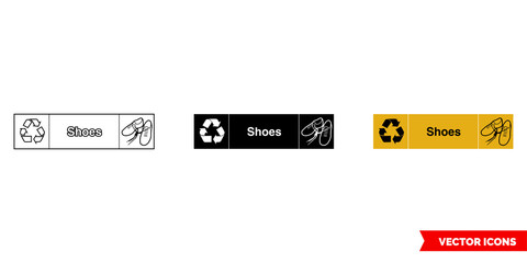 Fototapeta premium Mixed textiles and shoes landscape textile recycling sign icon of 3 types color, black and white, outline. Isolated vector sign symbol.