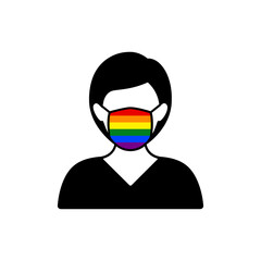 Woman with rainbow LGBT flag on medical mask icon