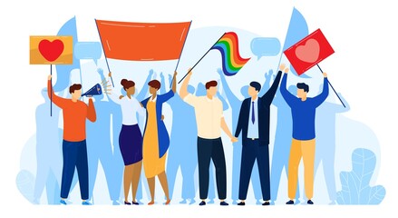 People protest, LGBT pride activism concept vector illustration. Cartoon flat activist protester group characters protesting with multicolored symbol of LGBT community, rainbow flag isolated on white