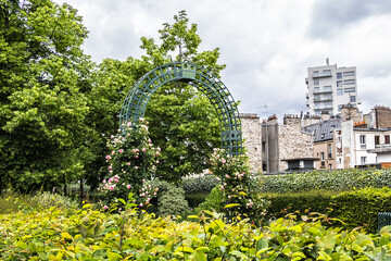 Paris Le Viaduc des Arts on Avenue Daumesnil - former railway line viaduct today housing art galleries, shops, restaurants. Beautiful Promenade Plantee Public Park on its top. Paris, France. © dbrnjhrj