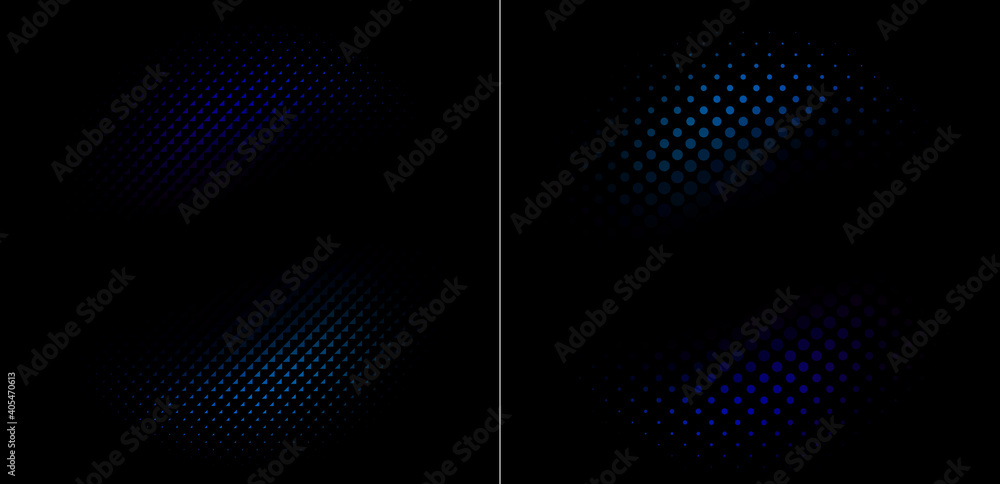 Poster two abstract halftone blue shapes made of triangles and dots on black background. dotted pattern for
