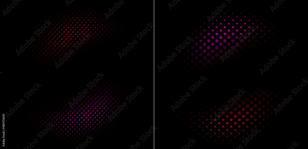 Aufkleber two abstract halftone red and magenta shapes made of triangles and dots on black background. dotted 