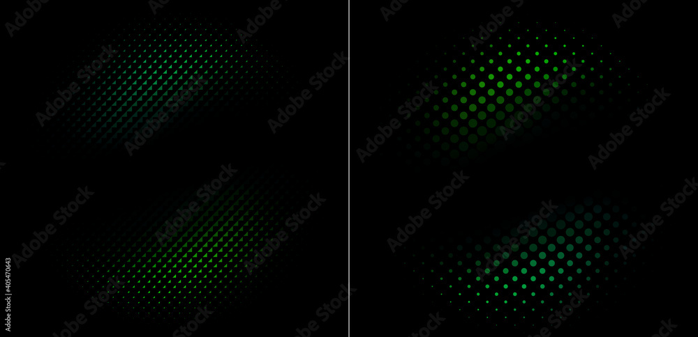 Poster two abstract halftone green shapes made of triangles and dots on black background. dotted pattern fo