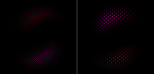 Two abstract halftone red and magenta shapes made of triangles and dots on black background. Dotted pattern for template, brochure, business card, web page etc.
