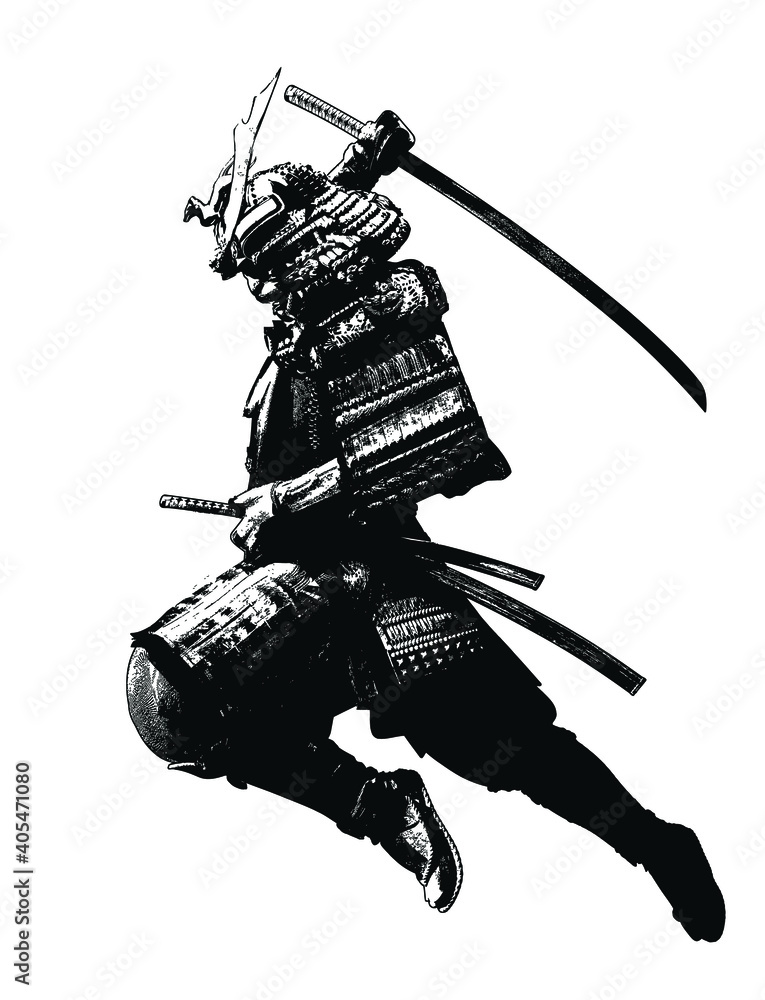 Wall mural The black silhouette of a samurai flying into battle in an epic leap, he prepares to deliver a crushing attack with his katana. 2d illustration.