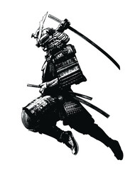 The black silhouette of a samurai flying into battle in an epic leap, he prepares to deliver a crushing attack with his katana. 2d illustration. - obrazy, fototapety, plakaty