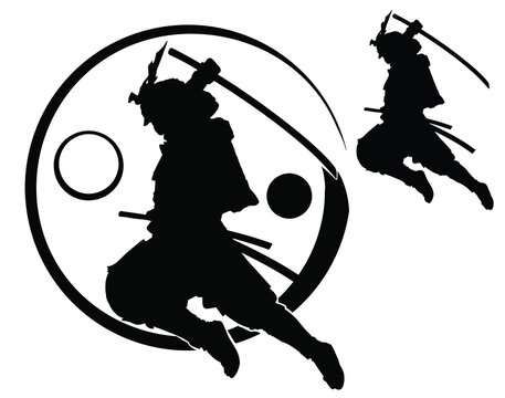 recommend clip art: The black silhouette of a samurai flying into battle in an epic leap, he prepares to deliver a crushing attack with his katana, the yin yang symbol is formed around him. 2d illustration.