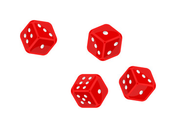 Red dice in flight isolated on white background. Casino gambling and entertainment. Board game dice with white dots icon in flight. Poker cubes. For app, web, infographics. Stock vector illustration