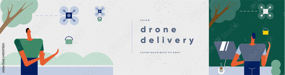 Poster drone delivery, drone technology. people and technology in the modern world. vector illustration. we