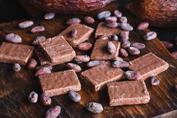 .Chocolate and Cocoa Beans with Cocoa On a black background