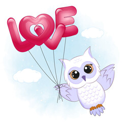 Cute owl and balloons on the sky, valentine's day concept illustration