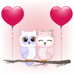 Fototapeta premium Cute couple owl and heart balloons, valentine's day illustration