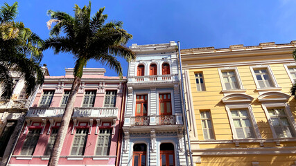 Historic old vintage retro color colorful blue pink buildings in downtown Brazil beauty city Pernambuco Brazil