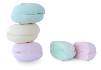 Fluffy colored marshmallows isolated on white background. Collection of Merengue Marshmallow Zephyr candy close up.
