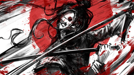 A beautiful ninja girl with two swords looks fiercely with her white eyes in the heat of battle against the red sun. 2d illustration. © warmtail