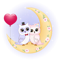 Couple owl and heart balloons on the moon, valentine's day concept illustration