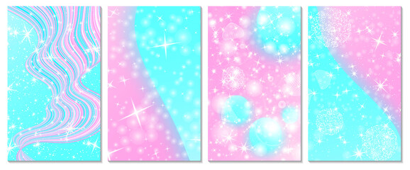 Set of unicorn rainbow background. Pink, blue colors. Princesss background, invitation card. © KrikHill