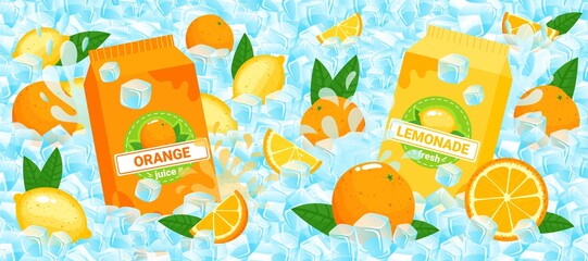 Citrus fruit juice packaging vector illustration. Cartoon flat lemonade and orange juice packages, juicy fresh sliced citrus fruits, oranges and lemons lie on ice cubes, refreshing summer background