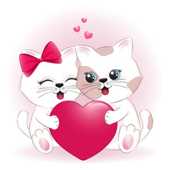 Cute couple cat and heart valentine's day concept watercolor illustration