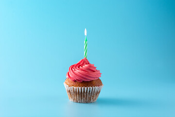 Pink birthday cupcake with green candle on blue background