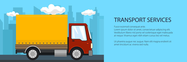 Banner of transportation and cargo services, red orange cargo delivery truck on the background of the city, shipping and freight of goods, vector illustration