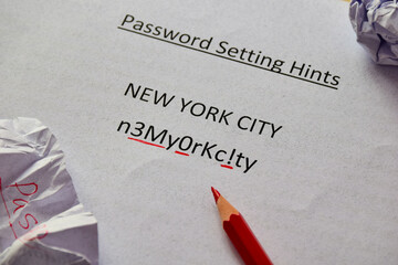 A person's choice of strong password turning a place name into its alphanumeric characters. Conceptual image of securing online account from being hacked, selective focus.