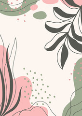 Botanical wall art. Abstract organic vector shapes, leaves, branch, plants. Natural elements in doodle style for template, cover, poster, greeting card, frame, background. Simple, stylish design