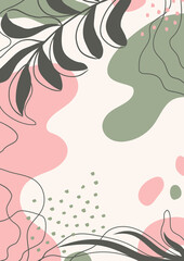 Botanical wall art. Abstract organic vector shapes, leaves, branch, plants. Natural elements in doodle style for template, cover, poster, greeting card, frame, background. Simple,  minimal design