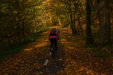 Woman cycling through autumn forest