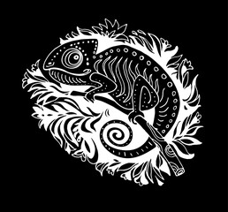 Doodle Stylized Black and White Chameleon Isolated on Black background. Hand Drawn Reptile Vector Illustration in Cartoon Style. Sketch for Tattoo or Print. Tropical Animal Collection. 