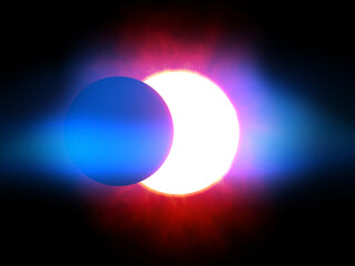 Solar eclipse. Planet against the background star. One planet close to a star. Abstract space illustration.
