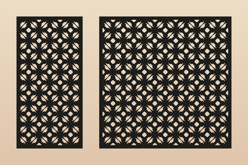 Laser cut pattern. Vector template with abstract geometric texture in oriental style, floral grid ornament. Decorative stencil panel for laser cutting of wood, metal, plastic. Aspect ratio 1:2, 1:1