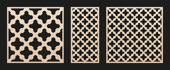 Laser cut patterns set. Vector template with abstract geometric texture, floral silhouettes, grid ornament. Decorative stencil panel for laser cutting of wood, metal, plastic. Aspect ratio 1:2, 1:1