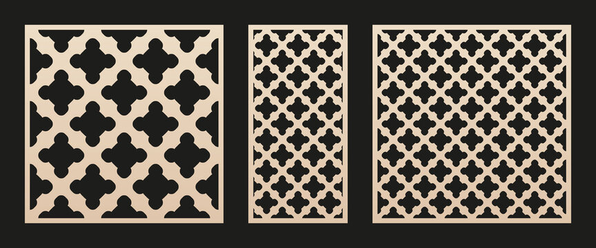 Laser cut patterns set. Vector template with abstract geometric texture, floral silhouettes, grid ornament. Decorative stencil panel for laser cutting of wood, metal, plastic. Aspect ratio 1:2, 1:1