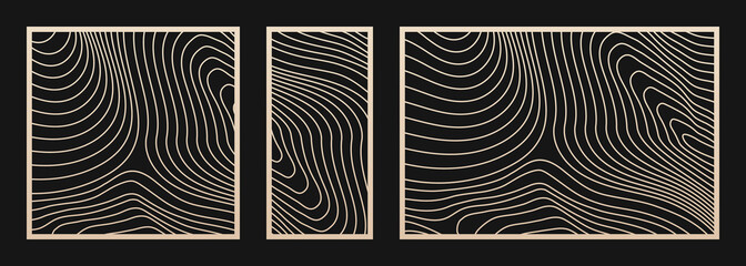 Laser cut panel set. Vector template with trendy abstract geometric pattern, curve lines, ripple surface. Decorative stencil for laser cutting of wood, metal, plastic, cnc. Aspect ratio 1:2, 1:1, 3:2