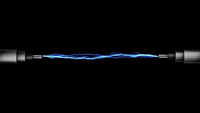 Electrical wire. Electrical discharge between two bare, cables. Electric discharge, Lightning strikes. Electrical storm on black background. Electricity Effect. 4k UHD Alpha Channel footage.