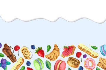 sweet background, banner with pastry and dripping cream on blue. fresh bakery illustration. berries, desserts and melted chocolate horizontal composition, border, frame. great for trendy design.