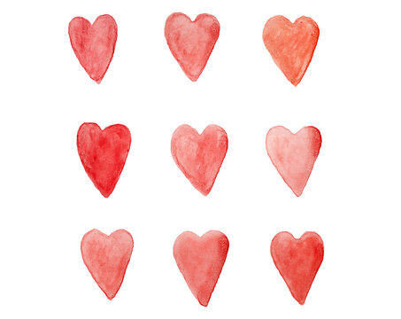 Red valentine hearts, isolated on white, watercolor
