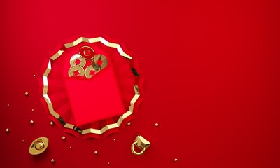 Chinese new year 3d illustration, Red envelope, gold coin money, golden metallic ox nose with copy space, year of cow celebration, wealthy and abundance sign with paper fan on red background.
