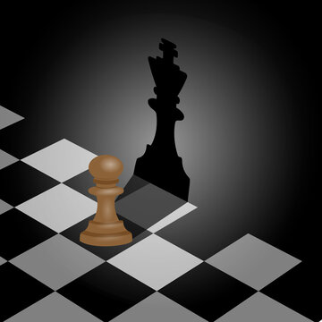 The concept of business aspirations for career growth, power, strength, leadership. Vector illustration of a pawn casting the shadow of a king on a wall.