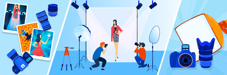 Camera broadcast, reporter, tv photographer, cameraman vector illustrations banners set. News, press or journalism. Mass media and broadcasting. Broadcaster in television studio.